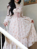 Amfeov back to school Pink Floral Korea Sweet Elegant Dress Women Bandage Lace Print France Vintage Dress Puff Sleeve Princess Kawaii Fairy Dress 2024