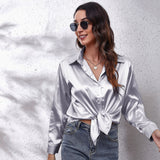 Amfeov Fall outfits back to school Solid Office Lady Loose Satin Shirts For Women 2024 Summer Women's Oversized Shirts And Blouses Fashion Elegant Youth Female Top