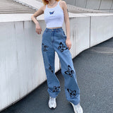 Amfeov 2023 New Summer Vintage Jeans Woman Long Trousers Cowboy Female Loose Streetwear Butterfly Print Pants ZA4110