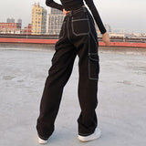 Amfeov Stitching Pocket Jeans Women's Spring 2021 New High Waist Straight Loose Open Line Female Denim Pants Trendy