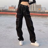 Amfeov Stitching Pocket Jeans Women's Spring 2021 New High Waist Straight Loose Open Line Female Denim Pants Trendy