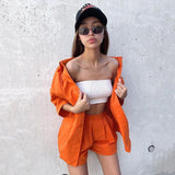 Amfeov Women Short Sleeve Shirts 2 Piece Sets Orange Cotton Casual Shorts Sets Summer High Waist Green Oversize Blouses Suits Tracksuit