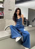 Amfeov Korean Style Denim Jumpsuit Slim Waist Tube Top One Piece Wide Leg Pants Sexy Strapless Long Overalls Side Zipper Rompers