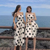 Amfeov Bohemian Polka Dot Dress Women's Summer Fashion A-Line Pleated Suspender Dress 2022 New Women's Elegant Sleeveless Party Dress