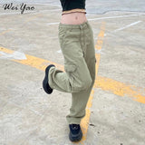 Amfeov Harajuku Baggy Pockets Cargo Pants Women Vintage 90S Streetwear Straight Pants Grunge High Waist Y2K Aesthetic Solid