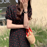 Amfeov back to school Summer French Chiffon Dress for Women Fashion V-neck Printed Cherry Black Dress Elegant Sweet Office Lady Dress Vestido 14756