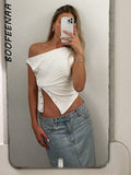 Amfeov Fall outfits back to school   Asymmetrical Sleeveless T Shirt Button Split One Shoulder Cropped Tank Tops Womens Clothing Summer 2024 C85-CZ14