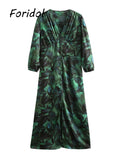 Amfeov Spring Autumn Long Floral Print Dress Robe For Women 2024 Casual Button Up Dress Female Boho Elegant Maxi Party Vestidos Green