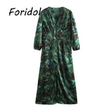 Amfeov Spring Autumn Long Floral Print Dress Robe For Women 2022 Casual Button Up Dress Female Boho Elegant Maxi Party Vestidos Green