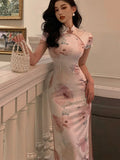 Amfeov Summer New Elegant China Style Midi Cheongsam Print Dress For Women Solid One Piece Femme Fashion Party  Clothing Vestidos