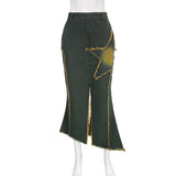 Fashion Star Y2K Vintage Jeans Long Skirt Women Patch Split Streetwear High Waist Maxi Skirts Irregular Denim Skirts For Woman