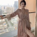 Amfeov Sexy Pajamas With Feathers Sleepwear Bathrobe Female Women's Long Robe Summer Nightgowns Pink Designer Clothes Luxury