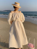 Amfeov 2022 Korean Dresses Fashion Cutout Lace Up Puff Sleeve Beach Vintage Slash Neck Backless Fashionable Women Summer Long Dress