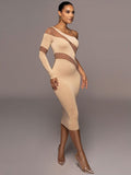 Amfeov One Shoulder Mesh Sheer Long Sleeve Midi Dress For Women Party Club Elegant Outfit Cut Out Bodycon Dresses Vestido