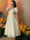 Amfeov Summer French Style Women Elegent Party Prom Midi Dress Female Fashion Fairy Chic A Line Clothes Vestidos