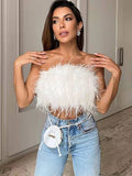 Amfeov back to school Sanche Strapless Crop Top Feathers Women Summer White Cami Y2K Tank Tops Club Party Tube Tank Top