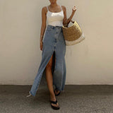 Amfeov Fall outfits back to school Sigutan 2024 New Vintage Loose Chic Skirts Women Elegant High Waist Office Lady Long Skirt Blue Denim Skirt Female Clothing