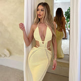 Amfeov back to school Solid Hollow Out Knitted Bodycon Maxi Dress Women Deep V Neck Lace Up Halter Backless Slim Summer Beach Long Robe Vestidos