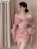 Amfeov Elegant Off Shoulder Prom Mini Dress For Women Summer Female Fashion Princess Birthday Party Vestidos Clothes