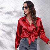 Amfeov Fall outfits back to school Solid Office Lady Loose Satin Shirts For Women 2024 Summer Women's Oversized Shirts And Blouses Fashion Elegant Youth Female Top