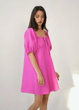 AMFEOV Holiday Casual Women Bow Tie Dress Puff Sleeves Hollow Out Ruched Dress Summer 2022 Cotton Linen Pink Elegant Ladies