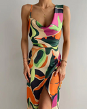Amfeov 2022 Summer Woman Chic Abstract Print Cowl Neck High Slit Sleeveless Party Dress