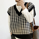 back to school Spring Fashion Loose Houndstooth Knitted Vest Sweater Casual V Neck Sleeveless Thick Sweater Female Waistcoat Chic Tops 17502