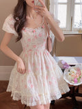 Amfeov hoco dresses back to school Floral Lace Korean Sweet Dress Women France Vintage Elegant Party Mini Dresses Female Print Casual Beach Boho Fairy Dress Summer