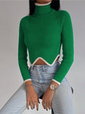 Amfeov Long Sleeve Turtleneck Sweater For Women Fashion Elegant Green Slim Knitted Top Pullovers Autumn Winter Basic Warm Knitwear