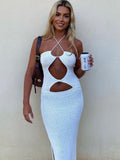 Amfeov back to school Tinastyle White Hollow Out Kint Summer Dress Women 2024 Sleeveless Backless Bodycon Slit Midi Dresses Elegant Beach Party Dress