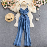 Amfeov Cotton Elegant Denim Jumpsuit Women Sleeveless Belted Fashion Hipster Casual High Street Wide Legs Activewear Outfits