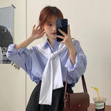 Amfeov Blouses Shirts Women Blue Striped Elegant Loose Large Size Chic Fashion Scarf Collar New Leisure Womens Shirt Oversized