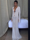 Amfeov Summer Beach Holiday Knitted Maxi Dress Outfits for Women Party Club Long Sleeve See Through Dresses Hollow Out
