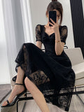 Amfeov Summer New Elegant Midi Black Lace Dress For Women Solid Femme Fashion Party Clothing Vestidos