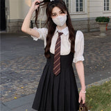 Amfeov back to school Hot Girl College Style JK Uniform Puff Sleeves Black Suspenders Black Pleated Dress Female Summer Suit