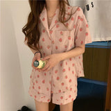 Amfeov Sleepwear For Women Summer Viscose Pajamas Sets Girls Korean Sweet Print Pijamas Home Suit Japanese Shorts Female