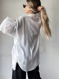 AMFEOV Crepe Soft Sunshirts Casual Lantern Sleeves White Blouses And Shirts Chic Turn Down Collar Pleated Summer Tops 2024