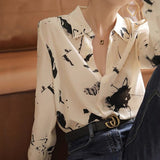 Amfeov back to school 2024 Spring Summer Casual Silk Shirts Vintage Print Chiffon Shirt Women Button Up Lady Tops Long Sleeve Satin Blouse Women 21808