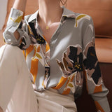 Amfeov back to school 2024 Spring Summer Casual Silk Shirts Vintage Print Chiffon Shirt Women Button Up Lady Tops Long Sleeve Satin Blouse Women 21808