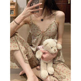 Amfeov Floral Trouser Suits Pajamas Woman Summer Home Wear 2 Pieces Sleep Tops + Pants Long Sleeve Nightie Pijamas Nightgown