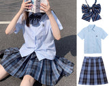 Amfeov back to school Students Girls Blue Blouse Shirt Plaid Skirt Sets Japanese JK School Uniform Summer High Waist Pleated Skirts Women Summer Suit