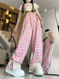 Amfeov Barbie outfits Women's Pink Plaid Pants Summer New Street Sweet Style Female Loose High Waist Straight Leg Casual Trousers