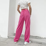 Amfeov Pink Mid Waist Trousers Women Casual Y2k Aesthetis High Street Striped Bandage Pockets Loose Long Pants Streetwear Fashion 2022