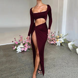 Amfeov Elegant Long Sleeve High Rise Slit Maxi Dress Women's Clothing Autumn Sexy Cut Out Ruched Twist Knot Club Party Dresses Gown
