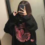 Black Friday Sales Womens Spring Autumn Black Clothing Pullover Top  Oversize Cotton Long Sleeve T-Shirt Harajuku Heart Print Long Sleeve T-Shirt