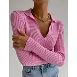 Amfeov Elegant Woman Sweater Pink V-Neck Long Sleeve Slim Knitted Tops Pullovers Winter Casual Basics Jumpers Knitwears 2023 Spring