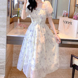 Amfeov back to school Casual Floral Party Dress Summer White Chiffon Long Dress Elegant Short Sleeve Fairy Dresses for Women Clothing Vestidos 20044