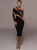 Amfeov One Shoulder Mesh Sheer Long Sleeve Midi Dress For Women Party Club Elegant Outfit Cut Out Bodycon Dresses Vestido