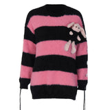 Amfeov Fall outfits back to school  Pink Stripe Fluffy Sweaters Y2k Kawaii Fall Winter Clothes Women Oversized Pullovers Long Sleeve Top Knitwears C70GZ50