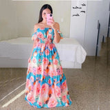 Amfeov Summer Floral Dress Women Plus Size Elegant Off Shoulder Party Dress High Quality Chiffon Ruffle A-Line Dress Casual